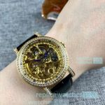 High Copy Vacheron Constantin Overseas Yellow Gold Bezel Black Leather Strap Watch 